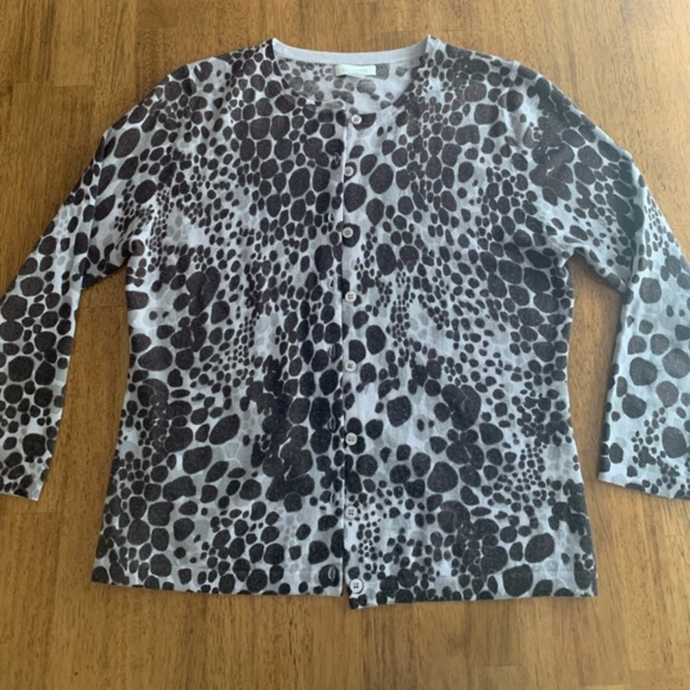 Garnet Hill Classic Marino Cardigan SZ M Grey Brown Abstract Animal